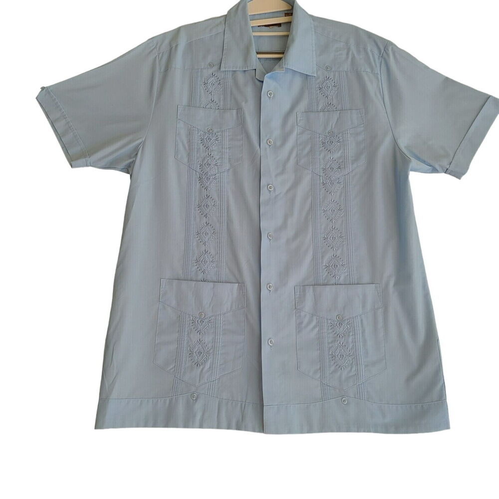 Centro Mens Button Up Shirt Light Blue Size Medium Polyester Blend Short Sleeve